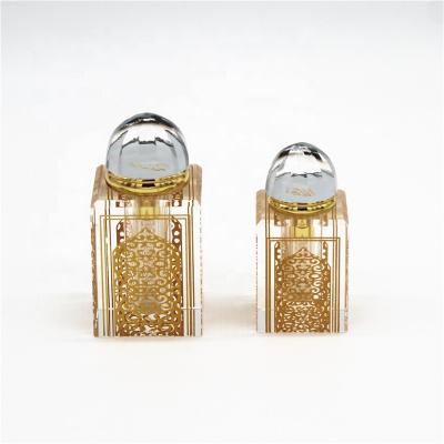 China Perfume Square Semicircle Cover Crystal Perfume Bottle 3ml 6ml With Gold Pattern for sale