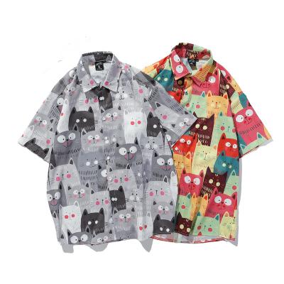 China Wholesale Customized Print Mens Cartoon Breathable Kitten Hawaii Digital Beach Wear Mens Floral Shirt for sale