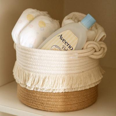 China Cotton Rope Tassels Basket Woven Cotton Storage Basket Folding Miscellaneous Basket for sale