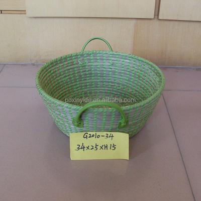 China Sustainable Traditional Country Craft Seaweed Woven Leather Tray Basket Handle for sale