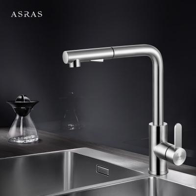 China Asras 304 stainless steel faucet Hot and cold mixer kitchen tap pull down solid spring loaded sprayer single handle 3057 for sale