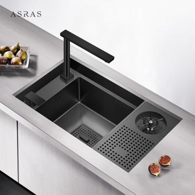 China Asras SUS304 black nano hand-made cup sink with hidden lid and kitchen faucet-6338NX-1 for sale