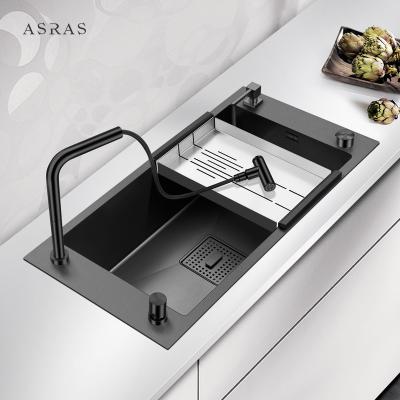 China Asras SUS304 black nano handmade sink with drain and kitchen faucet-7343NF-2 zu verkaufen