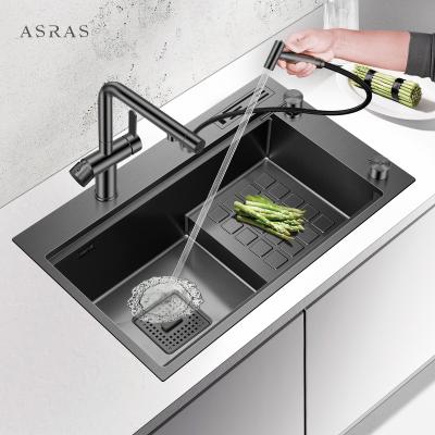 China Asras SUS304 Black Nano Handmade Step Sink with Drain and Kitchen Faucet-7345NJ-1 for sale