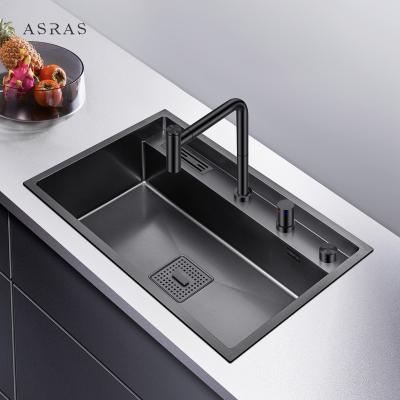 China Asras SUS304 black nano handmade sink with knife holder with drain and kitchen faucet-7549NT-2 zu verkaufen