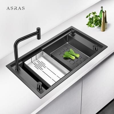 China Asras SUS304 Black Nano Handmade Step Sink with Drain and Kitchen Faucet-8345NJ-1 for sale