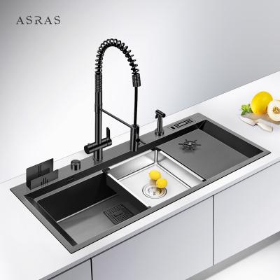 China Asras SUS304 black nano handmade sink with cup washer with drain and kitchen faucet-11850NX-1 for sale