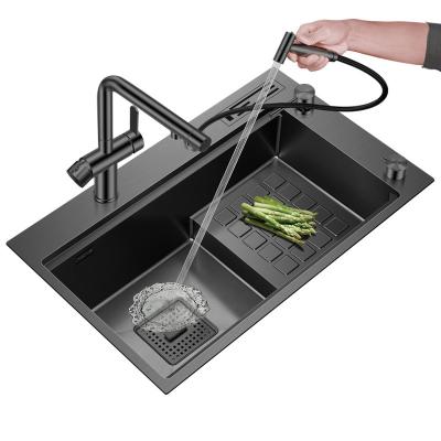 China Asras SUS304 Black Nano Handmade Step Sink stepped with Drain and Kitchen Faucet-7345NJ-2 for sale