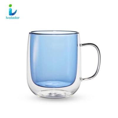 China Hot Selling Borosilicate Glass Mug 450ml Heat Resistant Durable Double Handle Small Glass Coffee Mug for sale