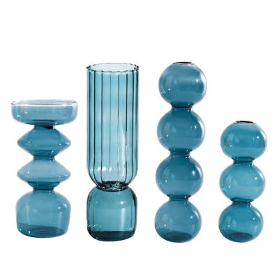 China Eco-Friendly No MOQ Blue Nordic Style Clear Flower Vase Hand Blown Glass Cheap Vases for sale