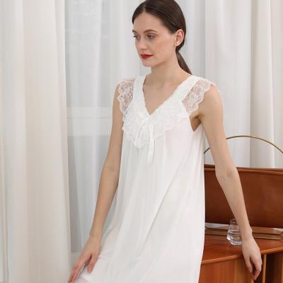 China QUICK DRY Women's Short Style V-Neck Lace Nightgown Pajamas With Side Pockets Cotton Sleeveless Pajamas For Ladies for sale