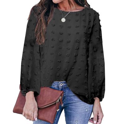 China Solid Color Blouse Neck Sleeve Print Chiffon Shirt Tops Anti-pilling Plus Size Casual Women Long Round Lace T-shirt for sale