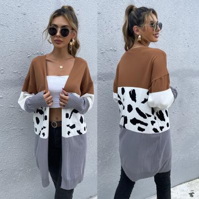 China Anti-pilling Ladies Leopard Print Quilted Cardigan Knitted Sweater Coat Women's Cardigan Sweaters Long Coat for sale