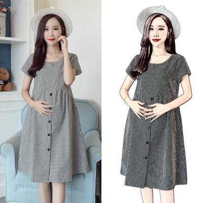 China Best Selling Breathable Pregnant Maternity Clothing Plus Size Neck Mid Length Round Plaid Maternity Clothing Dresses for sale