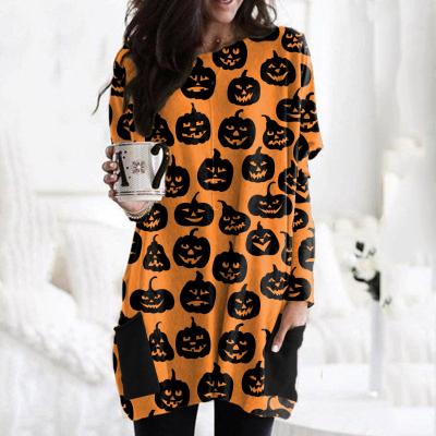 China New Winter Breathable Halloween Prints Dresses For Women Cotton Mid Length Thermal Long Sleeve Halloween Dress for sale