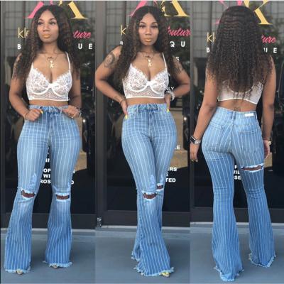 China Top Selling Women's Jeans Light Color Fashion Skinny Design Windproof High Waist Striped Flare Jeans for sale