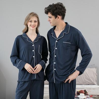 China Couples Fashionable Comfortable Suit Cotton Long Sleeve Thin Home Wear Pajamas Knit Lapel Straight Pajamas for sale