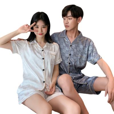 China Ice Silk Comfortable Summer Couples Home Wear Shorts Plaid 2-Piece Short Sleeve Home Pajamas for sale