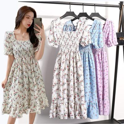 China Summer Elegant Square Neck Anti-Static Short Sleeve Dress Bends Elastic Waist Floral Print Ruffle Women Slim Casual Dress for sale