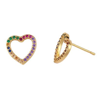 China Hiphop Gold Plated Copper Stud Earrings With Colorful Zircon Round Heart Shaped Earrings for sale