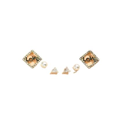 China NEW TRENDY Diamond Hollow Letter LOVE Pearl Triangle Fashion All-match Earring Set for sale