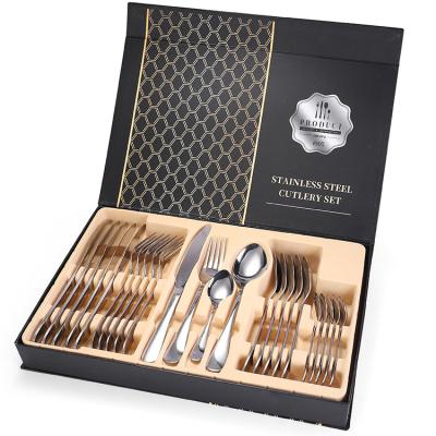 China Hotel Viable Travel Stainless Steel Spoons Knife Spoon Fork Set Golden Gold Plated Cutlery Set 24pcs for sale