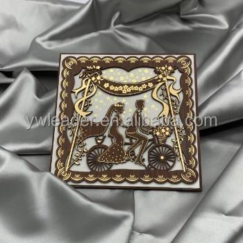 China South America Wooden Bicycle Laser Cut Wedding Invitation Card for sale