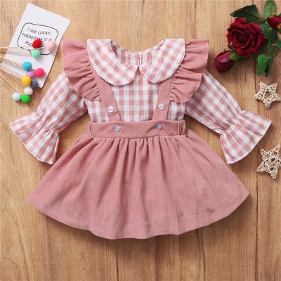 China Vintage Factory Toddler Spring Flare Sleeve Turn Down Collar Plaid Tops Ruffle Suspender Dress Baby Clothes Set for sale