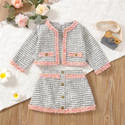 China Vintage Retro Toddler Ropa De Nina Baby Girls Autumn Winter Striped Skirt Jacket Outfit Suit Clothes for sale