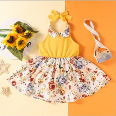 China Kids Breathable Floral Halterneck Summer Dress Vest Babies Fashion Doll Collar Yellow Skirt for sale