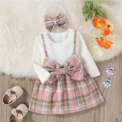 China Babies Autumn Dress Ribbed Plaid Long Sleeve Bowknot A Line Breathable Princess Dress Casual Outfit for sale