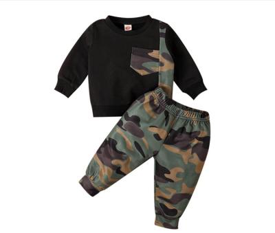 China Vintage Spring and Autumn Boys Camo Panel Letter Patched Sweatshirt With Pants Clothes Set for sale