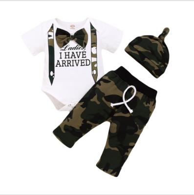 China Vintage Summer Toddler Suits 3 Piece Baby Boy Short Sleeve Cotton Camouflage Kids Outfit Clothes Sets With Hat for sale