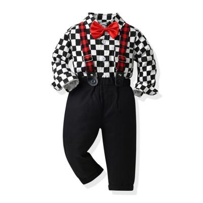 China Formal Children's Clothing 2PCS Plaid Bow Tie Cotton Shirt Suspenders Boys Long Sleeve Suit for sale