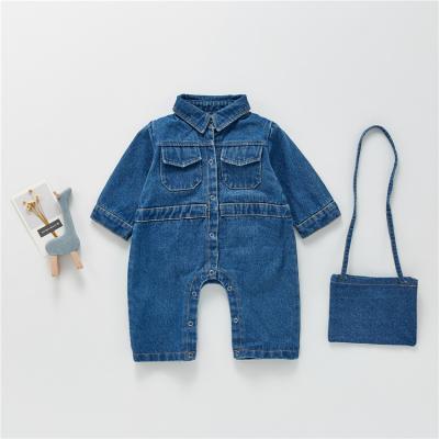 China Life Baby Autumn Denim Jumpsuit Toddler Soft Print Rise Lapel Kid Home Romper With Backpack for sale