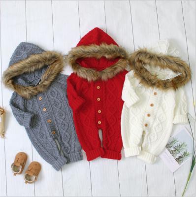 China Home Life Infant Baby Knitted Outfits Winter Newborn Solid Sweater Romper Warm Kids Overalls With Hooded Fur for sale