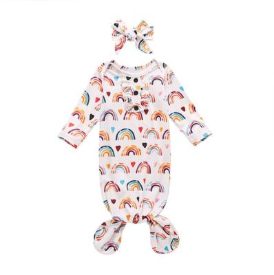 China Breathable Newborn Infant Pijamas Toddler Boy Girl Print Rainbow Button Up Cotton Ribbed Tie Knotted Baby Sleep Dress With Headband for sale