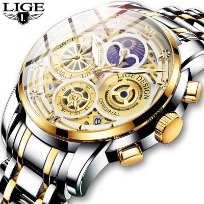 China Lige 8942 Automatic Date New Hollow Out Men's Watches Montre Homme Luxury Brand Gold Steel Quartz Super Luminous Watches for sale