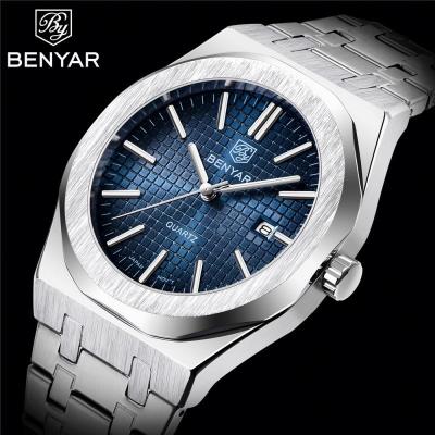 China Unique Design Benyar 5156 Full Calendar Relojes Para Hombre Fits Quartz Simple Dial Stainless Steel Watches For Men for sale