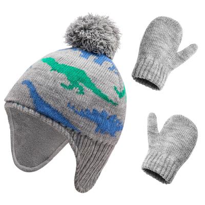 China Boys Girls Toddler Hat Medium Mitten Sets Baby Winter Beanie Glove Set Winter Dinosaur Pattern for sale