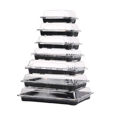 China Party Disposable Customized Takeout Black / Printing Luxury Sushi Carry Disposable Plastic Box For Delivery Food Packaging With Lid for sale