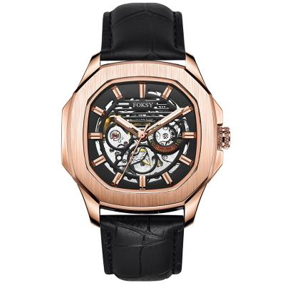 China Water Resistant Black Leather Straps Adjust Logo Skeleton Automatic Mechanical Custom Watches For Men for sale