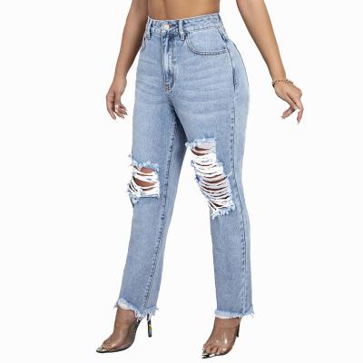 China Cusdom Women Breathable Ripped Denim High Waist Ripped Jeans Wholesale for sale