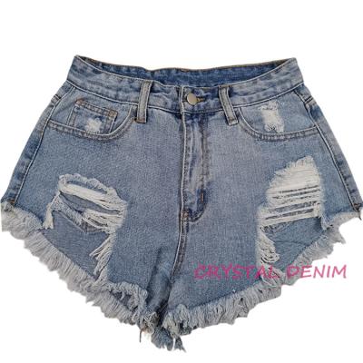 China Hot Sale Fashionable Raw Edge Fringe Breathable Ripped Distressed Ladies Womens Denim Light Blue Shorts for sale