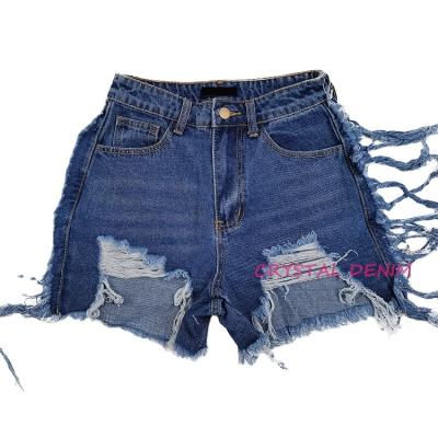 China New Design QUICK DRY Fringe Raw Edge Ripped Short Denim Women Distressed Destroyed Lattice for sale