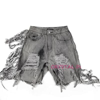 China QUICK DRY fashionable gray fringe raw edge ripped distressed lattice snow wash denim women short for sale