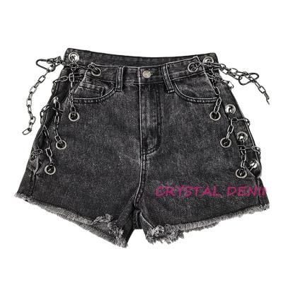 China Factory Breathable Design Side Chain Up Low Rise Denim Women's Lattice Big Raw Edge Short Eyelet for sale