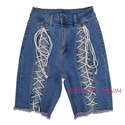 China Breathable New Arrival Lace Up Raw Edge Denim Women High Rise Washed Denim Bermuda for sale