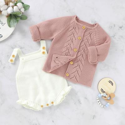 China Hot Sale Baby Girl Romper Antibacterial Baby Clothes Solid Color Baby Sweater Cardigan Romper 2pc Set Knitted Set for sale