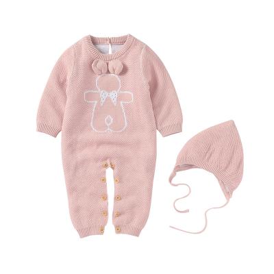 China Cute Knitted 100% Cotton Baby Bear Logo Rompers Clothing Sets With Lace Up Hats For Girl Boy for sale